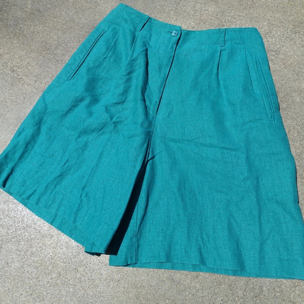 90s Paul Harris Green High Waisted Linen Shorts